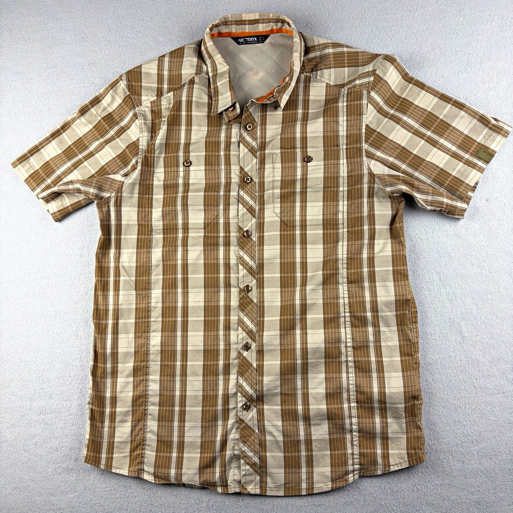 Arc'teryx Borderline SS Shirt Men's Medium Brown Plaid Hiking Travel Outdoor